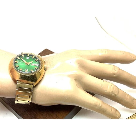 Slava Men's Watch Vintage USSR Automatic Green Dial Day Date Gold Steel 41mm - Picture 4 of 13
